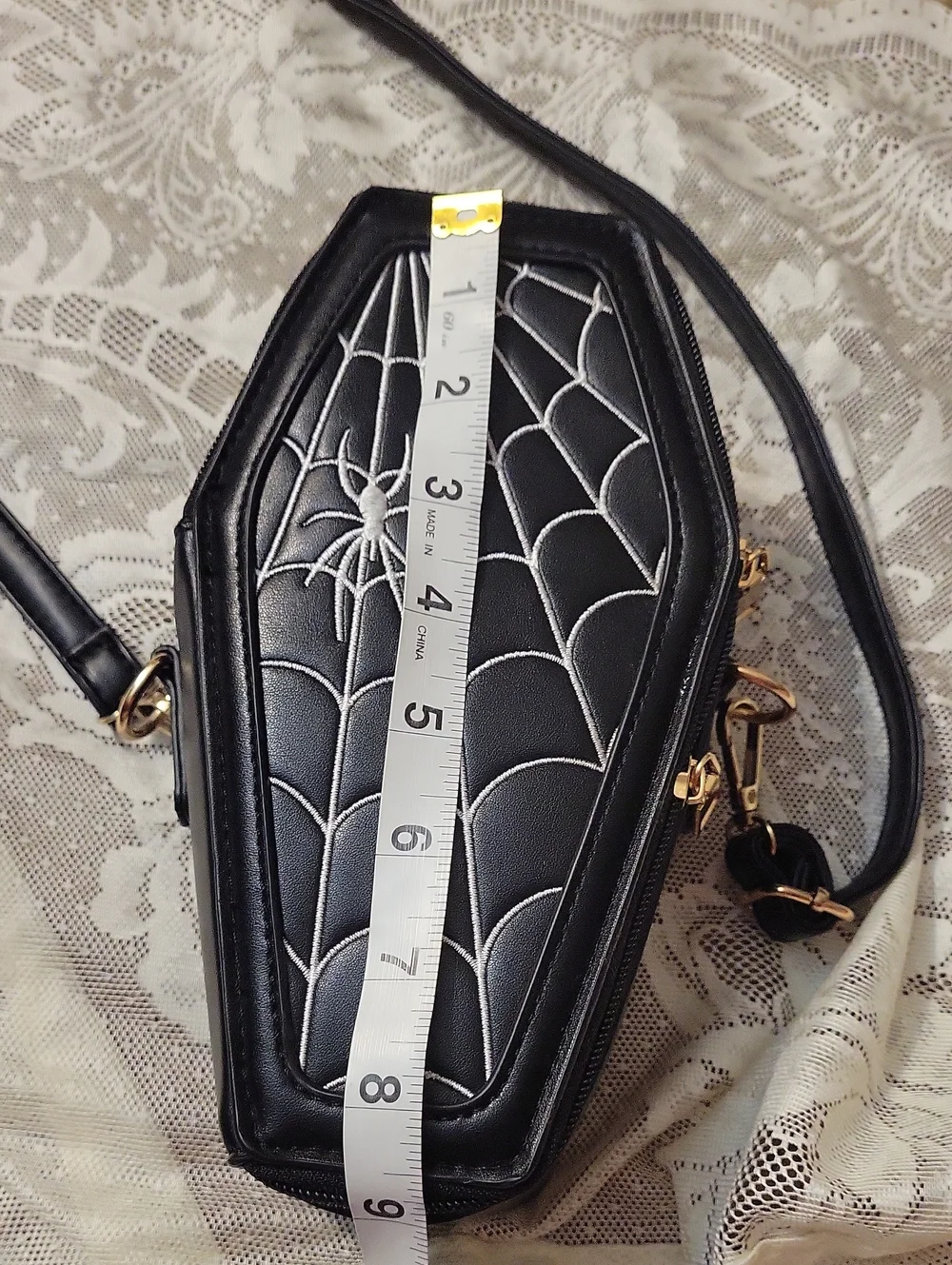 NEW Black Coffin Crossbody Bag with Spiderweb Embroidery